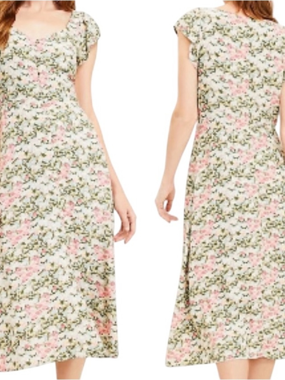 LOFT Pink and Green Floral Midi Dress Cloth Buttons 20's silhouette Size 4